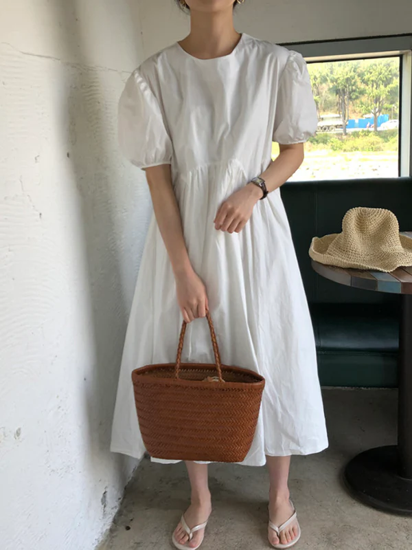 Original Loose Solid Color Pleated Puff Sleeves Midi Dress - Image 6