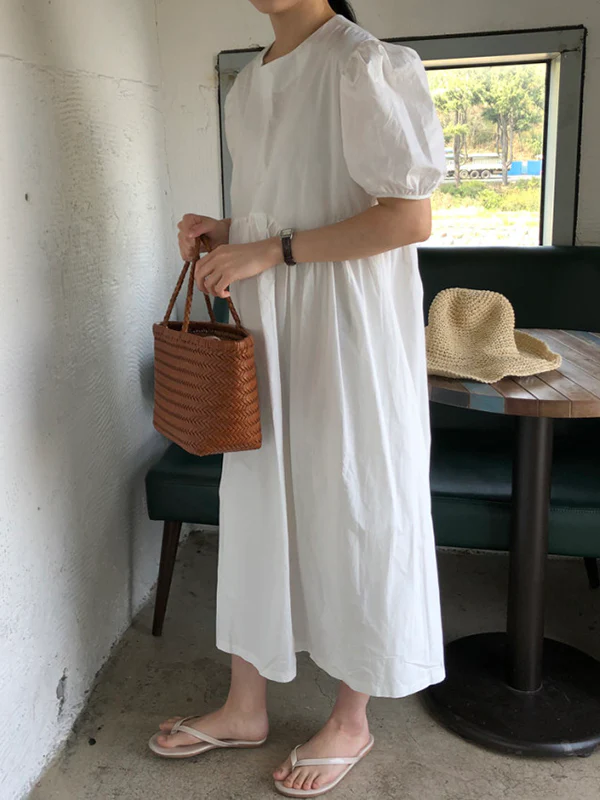 Original Loose Solid Color Pleated Puff Sleeves Midi Dress - Image 7