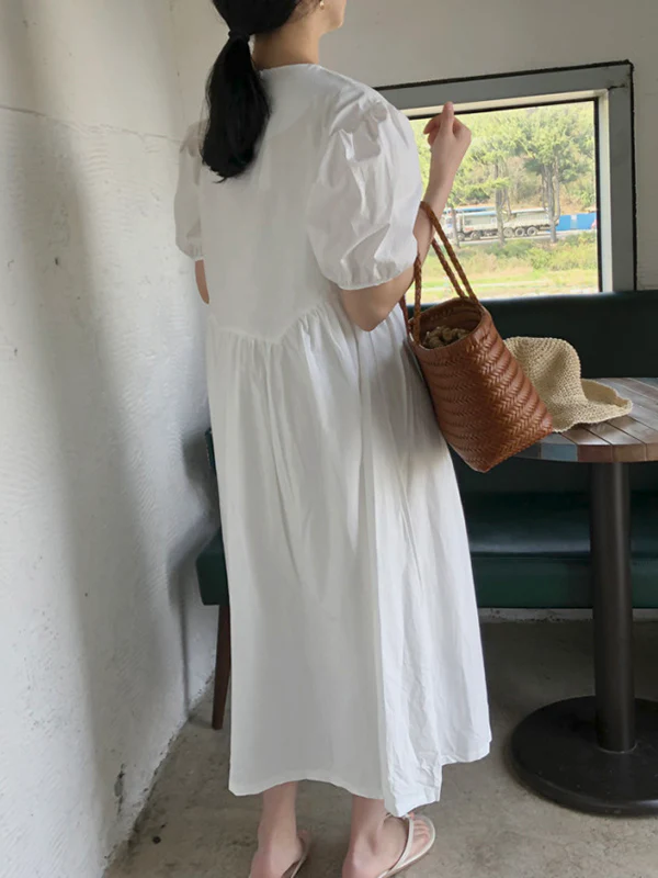 Original Loose Solid Color Pleated Puff Sleeves Midi Dress - Image 8
