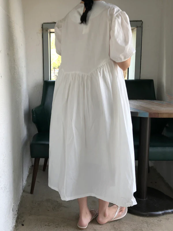 Original Loose Solid Color Pleated Puff Sleeves Midi Dress - Image 9
