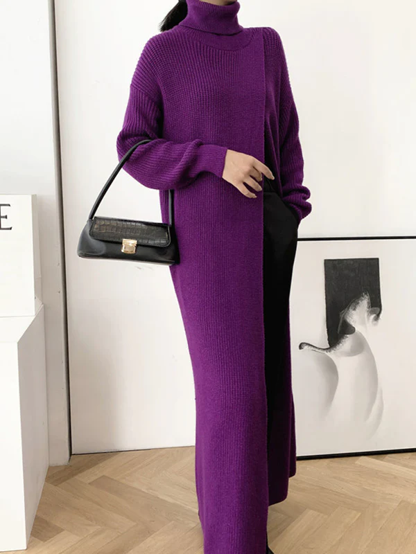 Original Loose Solid Color Split-Front Sweater Dress - Image 10