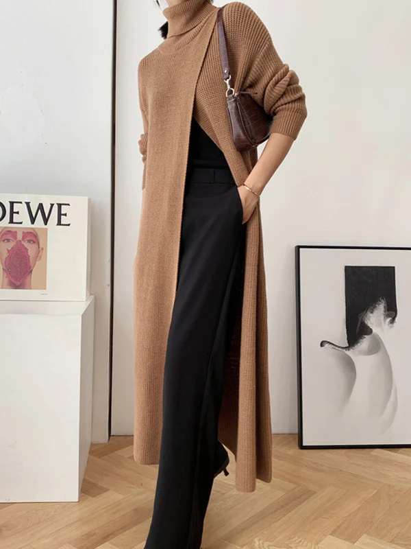 Original Loose Solid Color Split-Front Sweater Dress - Image 11