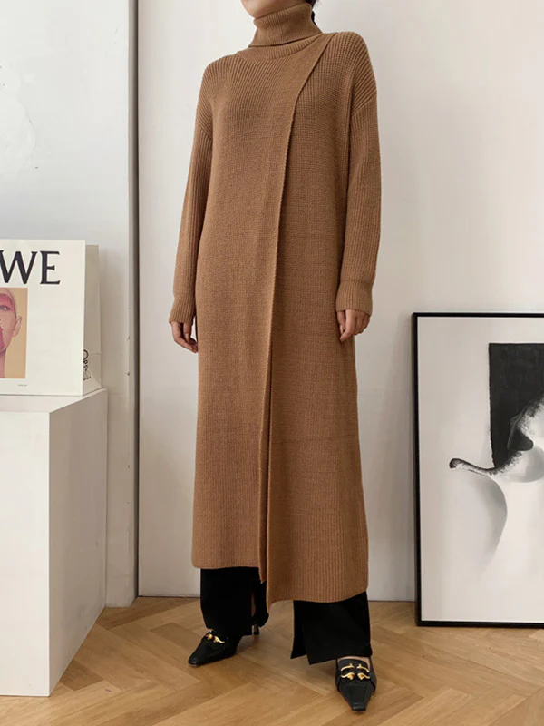 Original Loose Solid Color Split-Front Sweater Dress - Image 12