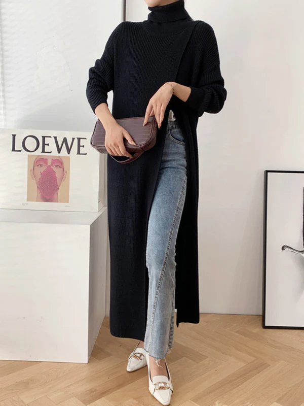 Original Loose Solid Color Split-Front Sweater Dress - Image 14