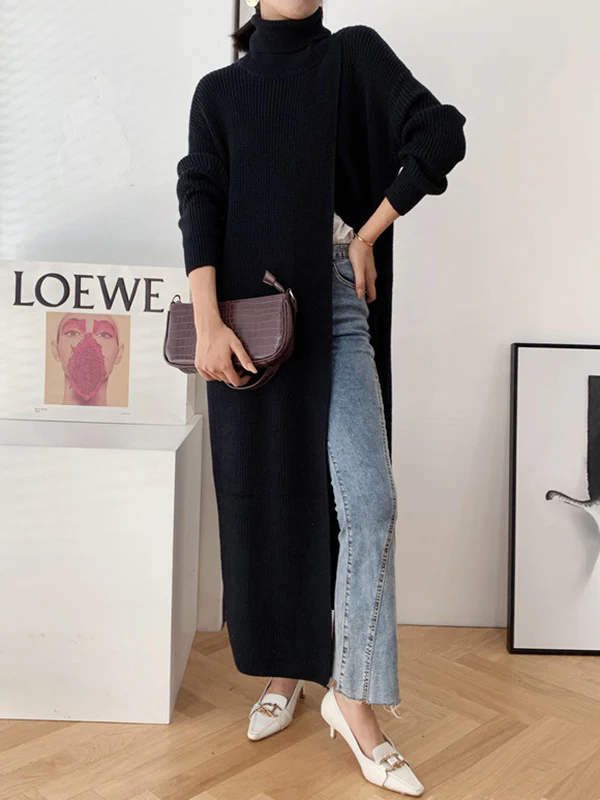 Original Loose Solid Color Split-Front Sweater Dress - Image 15