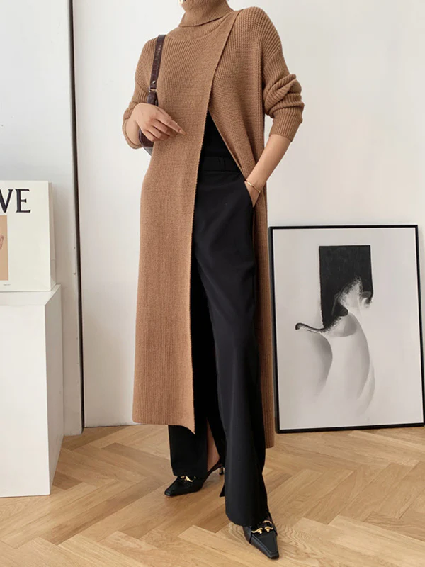 Original Loose Solid Color Split-Front Sweater Dress - Image 2