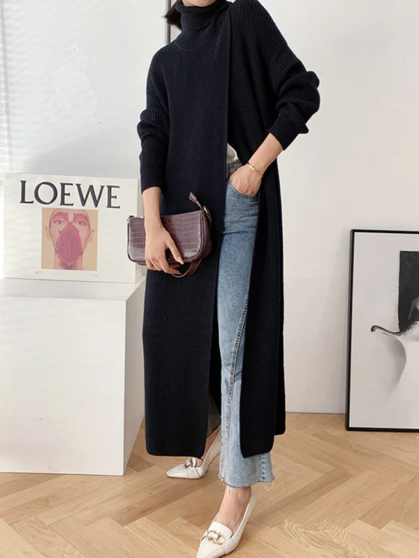 Original Loose Solid Color Split-Front Sweater Dress - Image 3