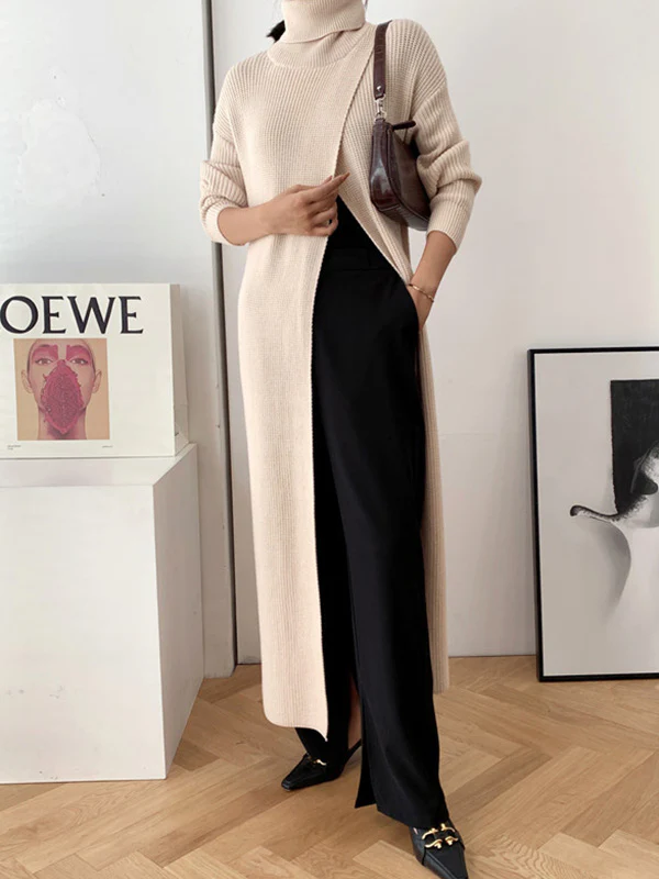 Original Loose Solid Color Split-Front Sweater Dress - Image 4