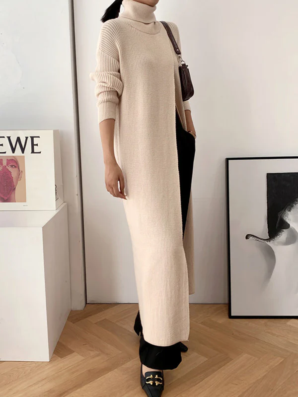 Original Loose Solid Color Split-Front Sweater Dress - Image 5