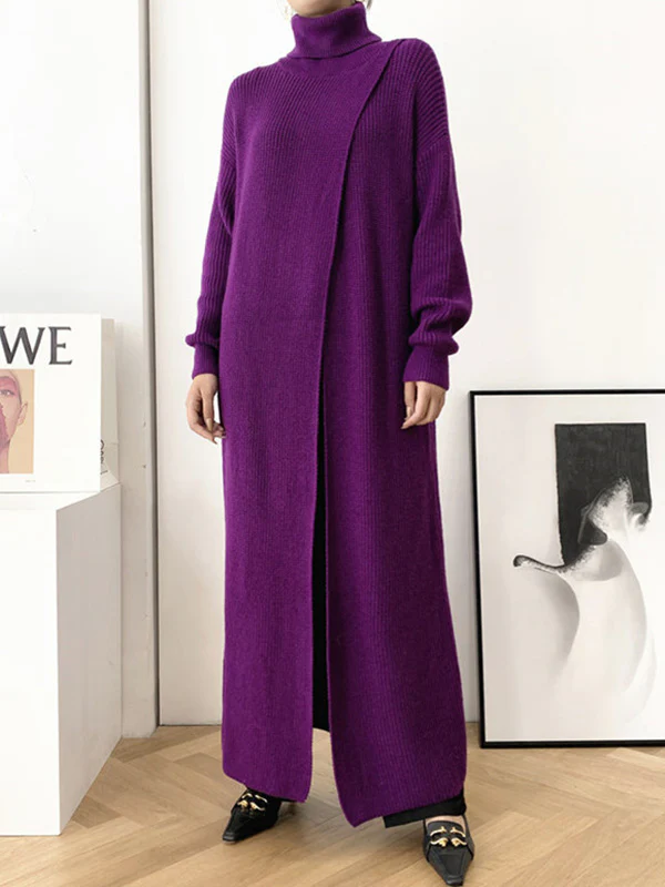 Original Loose Solid Color Split-Front Sweater Dress - Image 7