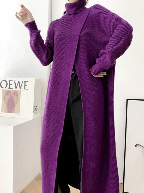 Original Loose Solid Color Split-Front Sweater Dress - Image 8