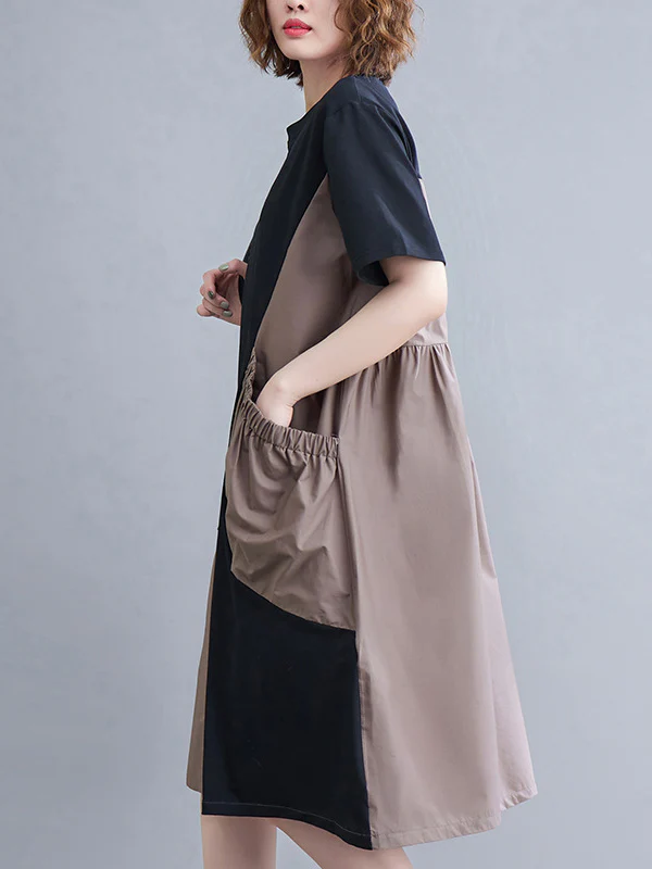 Original Loose Split-Joint Contrast Color Midi Dress - Image 3