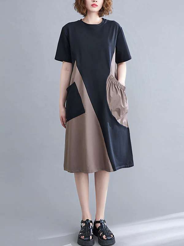 Original Loose Split-Joint Contrast Color Midi Dress - Image 5