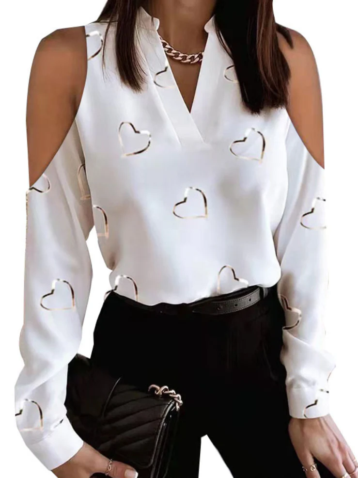 Original Loving Heart Printed Loose Long Sleeves Hollow V-Neck Blouses&Shirts Tops - Image 2