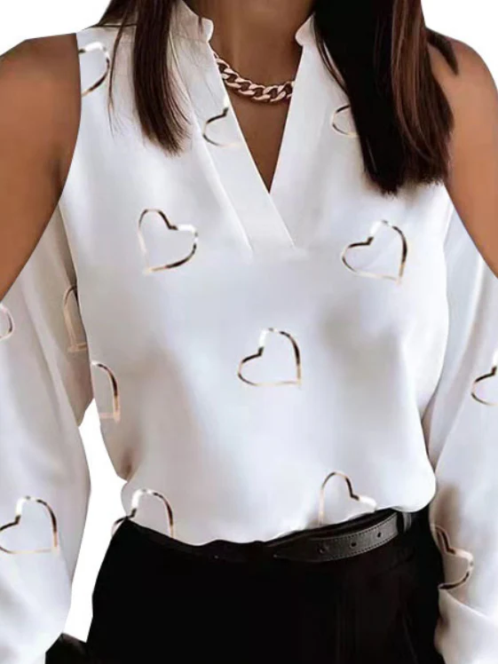 Original Loving Heart Printed Loose Long Sleeves Hollow V-Neck Blouses&Shirts Tops - Image 3