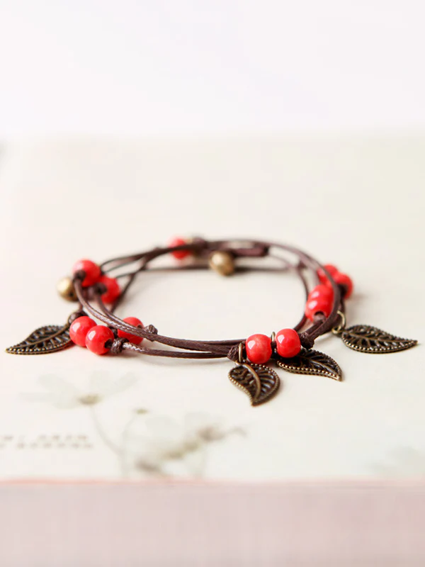 Original National Handmade 7 Colors Ceramic Bead Alloy Leaf Bracelet - Image 2