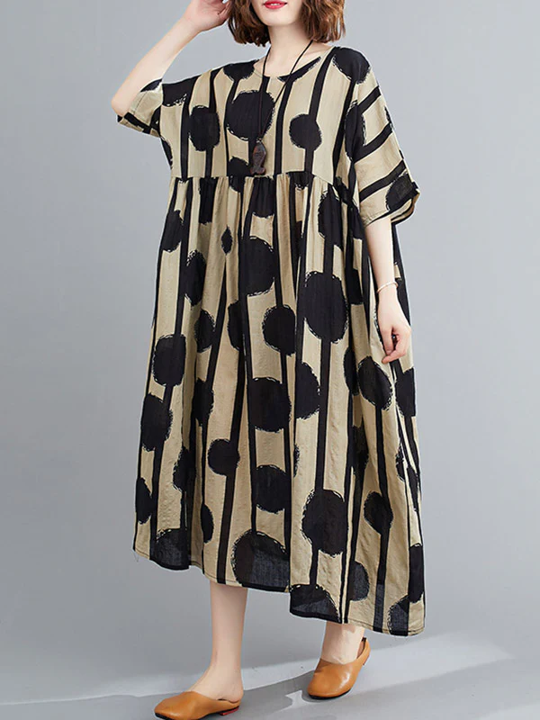 Original Polka-Dot Split-Joint Round-Neck Midi Dress - Image 6