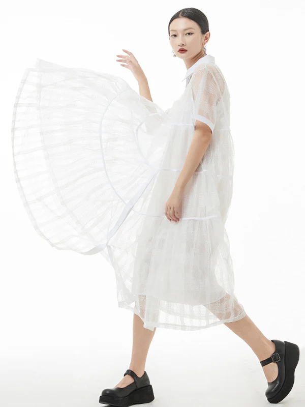 Original Solid Color Hollow See-Through Thin Midi Dress - Image 2