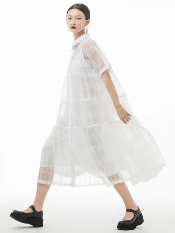 Original Solid Color Hollow See-Through Thin Midi Dress - Image 3