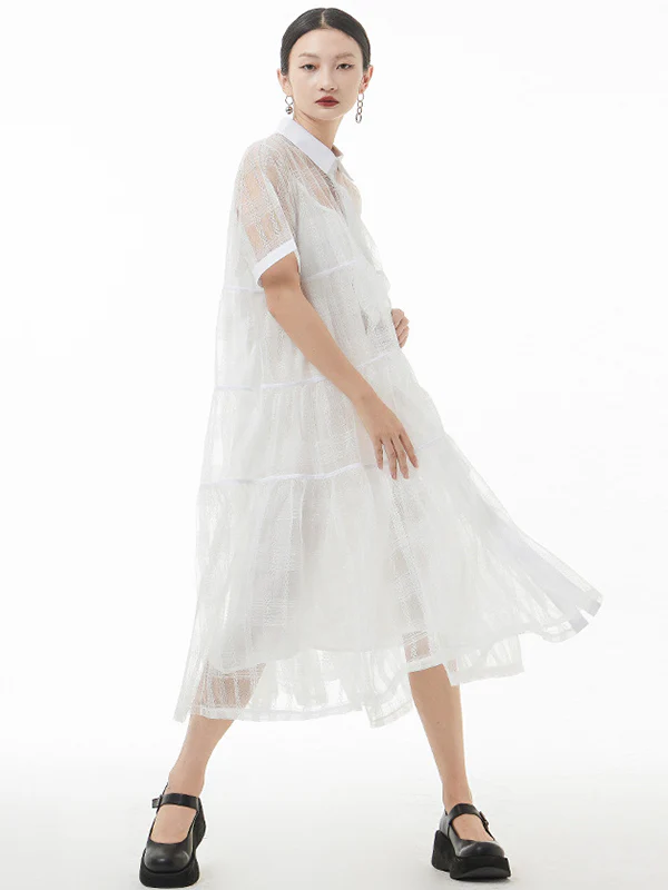 Original Solid Color Hollow See-Through Thin Midi Dress - Image 4