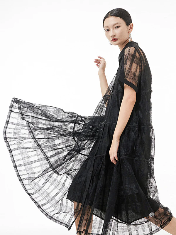 Original Solid Color Hollow See-Through Thin Midi Dress - Image 5