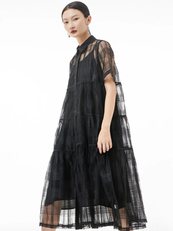 Original Solid Color Hollow See-Through Thin Midi Dress - Image 6