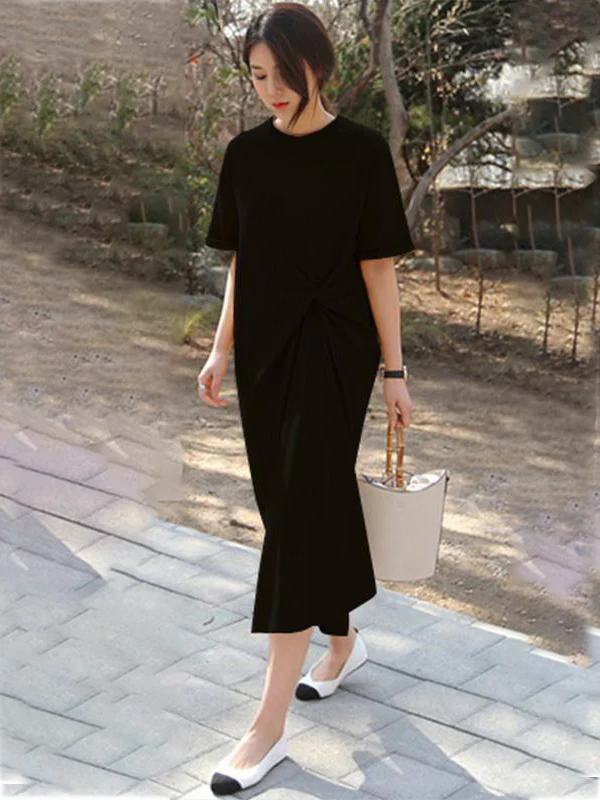 Original Solid Color Irregularity Pleats Midi Dress - Image 3