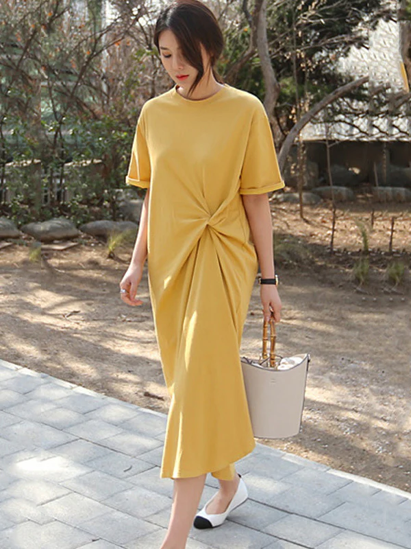 Original Solid Color Irregularity Pleats Midi Dress - Image 4