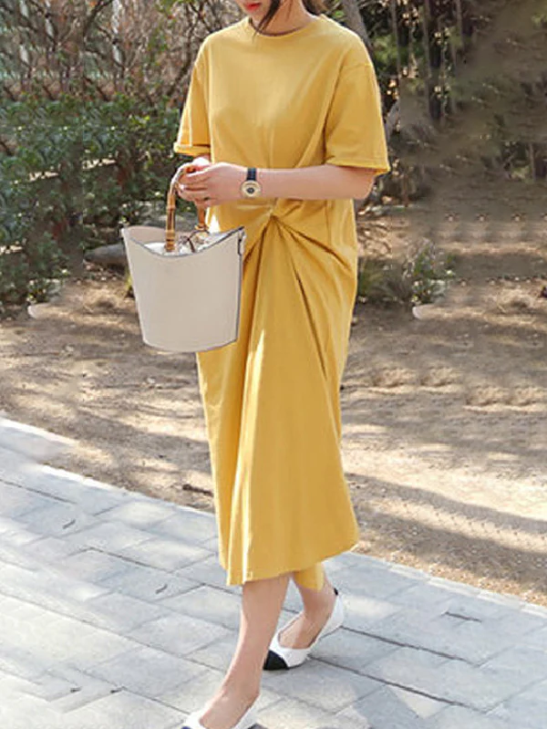 Original Solid Color Irregularity Pleats Midi Dress - Image 5
