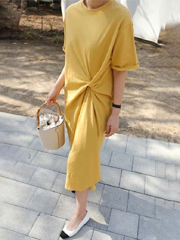 Original Solid Color Irregularity Pleats Midi Dress - Image 6
