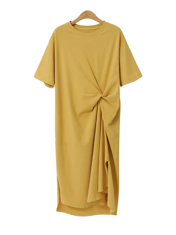 Original Solid Color Irregularity Pleats Midi Dress - Image 7