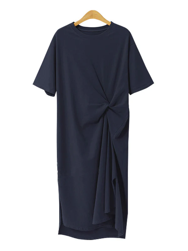 Original Solid Color Irregularity Pleats Midi Dress - Image 8