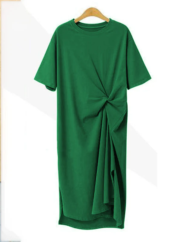 Original Solid Color Irregularity Pleats Midi Dress - Image 9