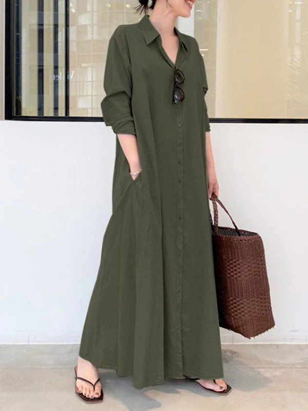 Original Solid Color Lapel Shirt Dress - Image 10
