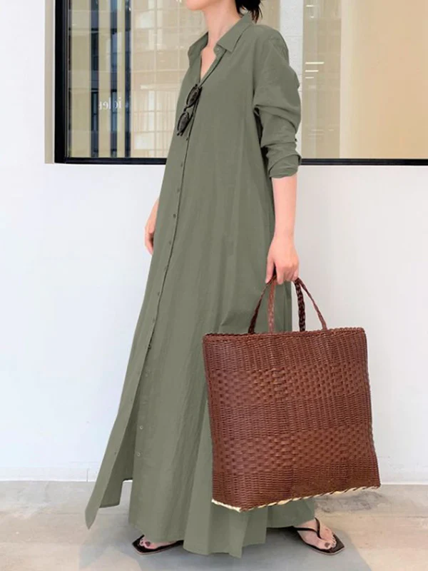 Original Solid Color Lapel Shirt Dress - Image 11
