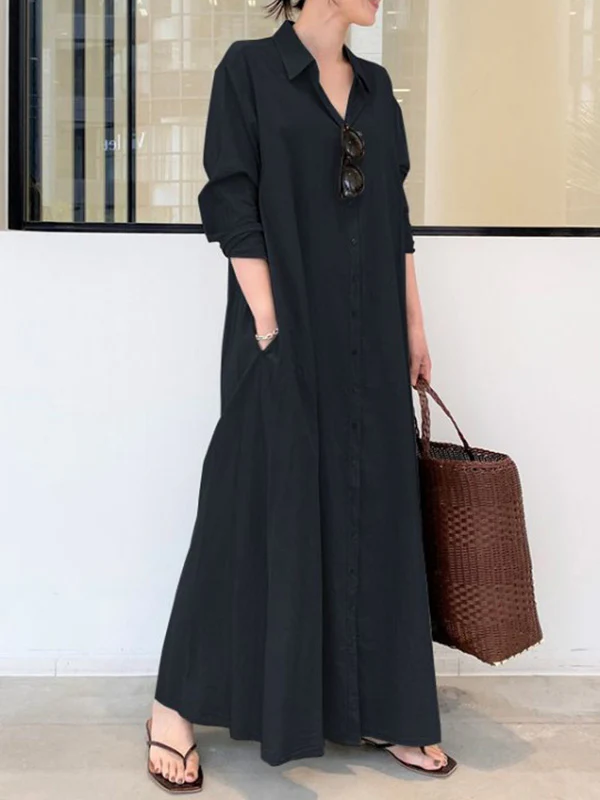 Original Solid Color Lapel Shirt Dress - Image 3