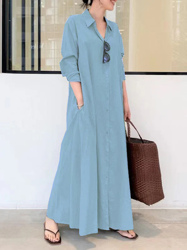 Original Solid Color Lapel Shirt Dress - Image 4