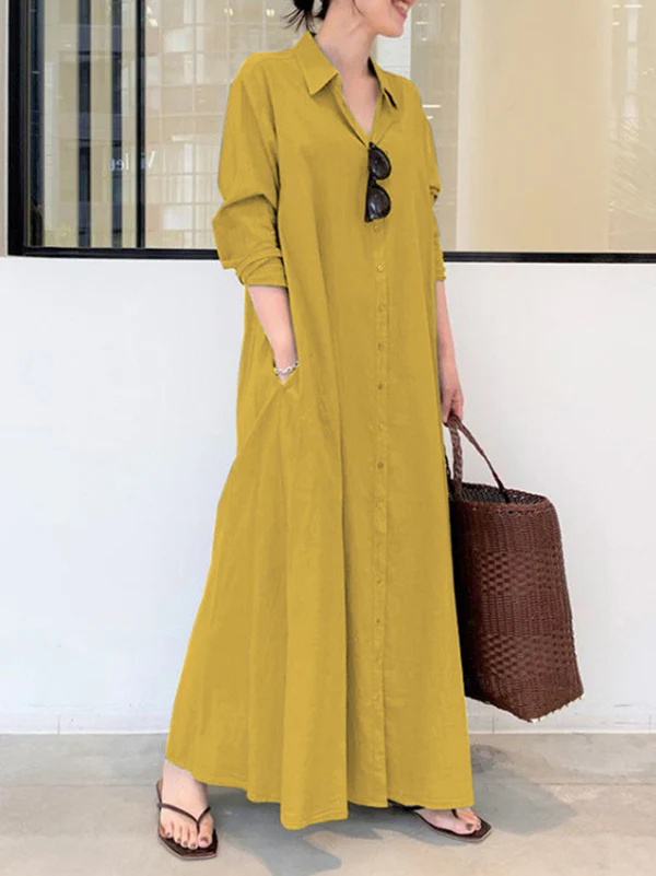 Original Solid Color Lapel Shirt Dress - Image 5
