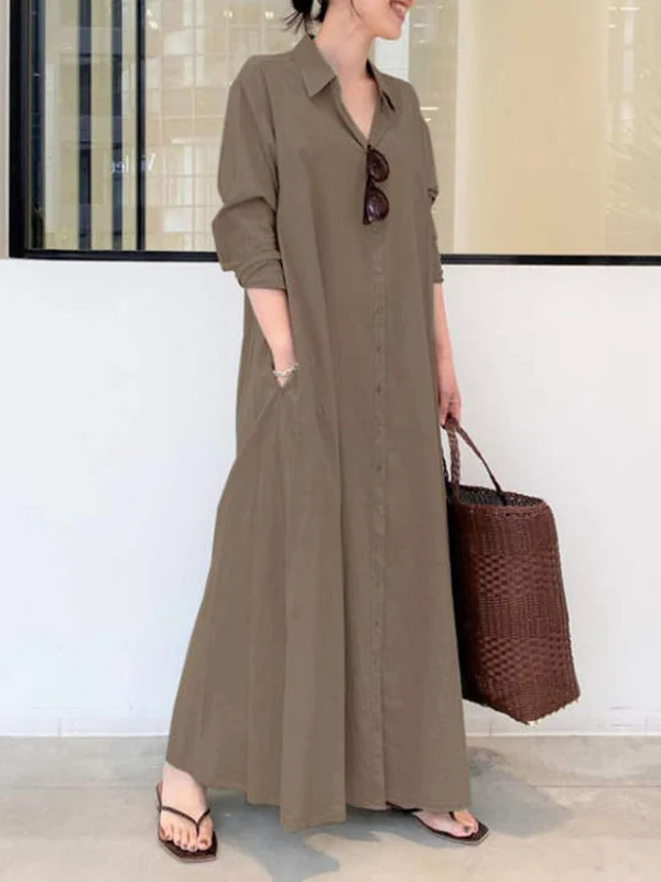 Original Solid Color Lapel Shirt Dress - Image 6