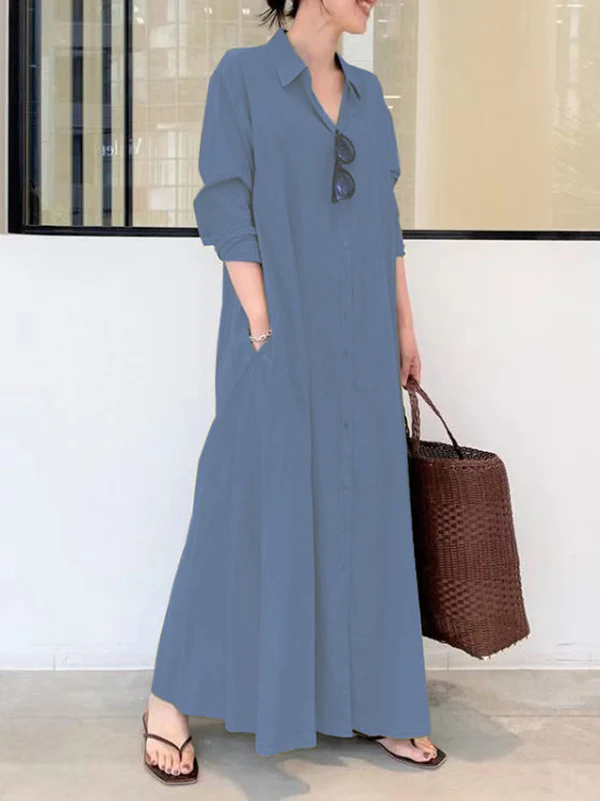 Original Solid Color Lapel Shirt Dress - Image 7