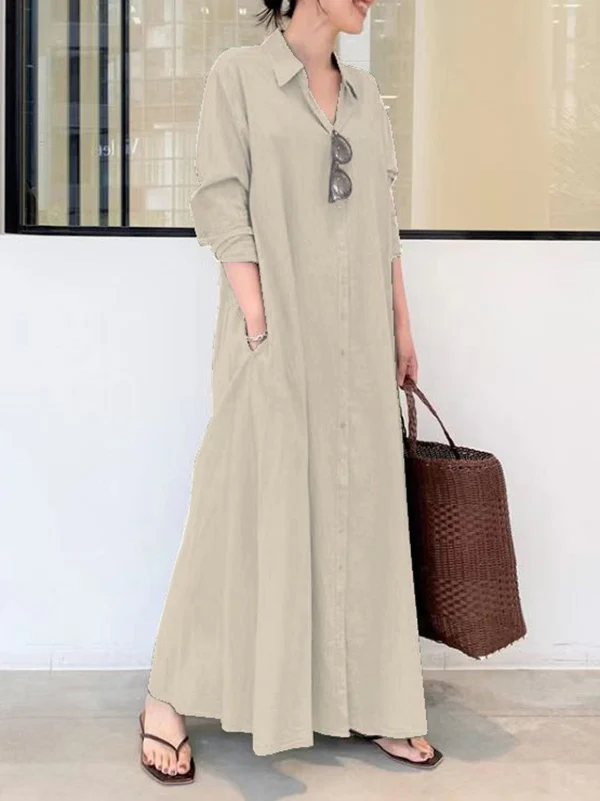 Original Solid Color Lapel Shirt Dress - Image 8