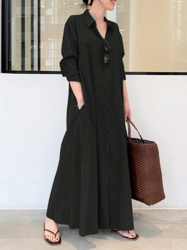 Original Solid Color Lapel Shirt Dress - Image 9