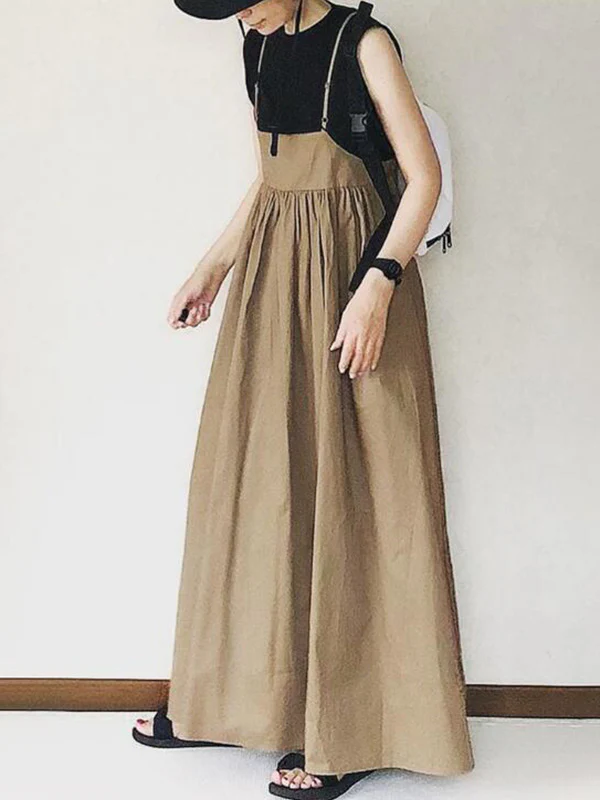 Original Solid Color Pleats Suspender Dress - Image 3