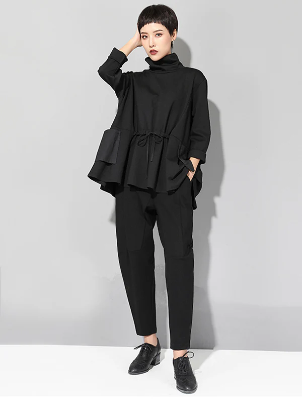 Original Solid Color Smocked High-Neck Sweatshirts - Image 2