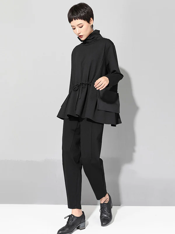Original Solid Color Smocked High-Neck Sweatshirts - Image 3