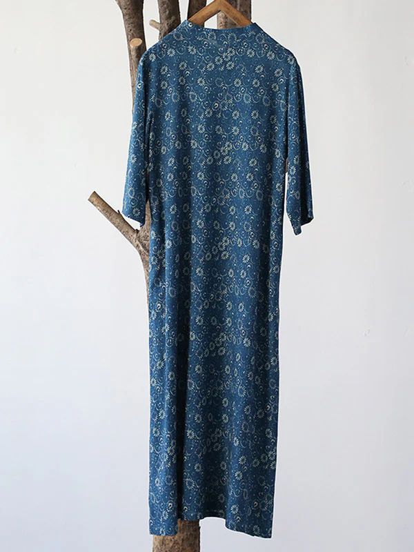 Original Solid Floral Stand Collar Midi Dress - Image 10