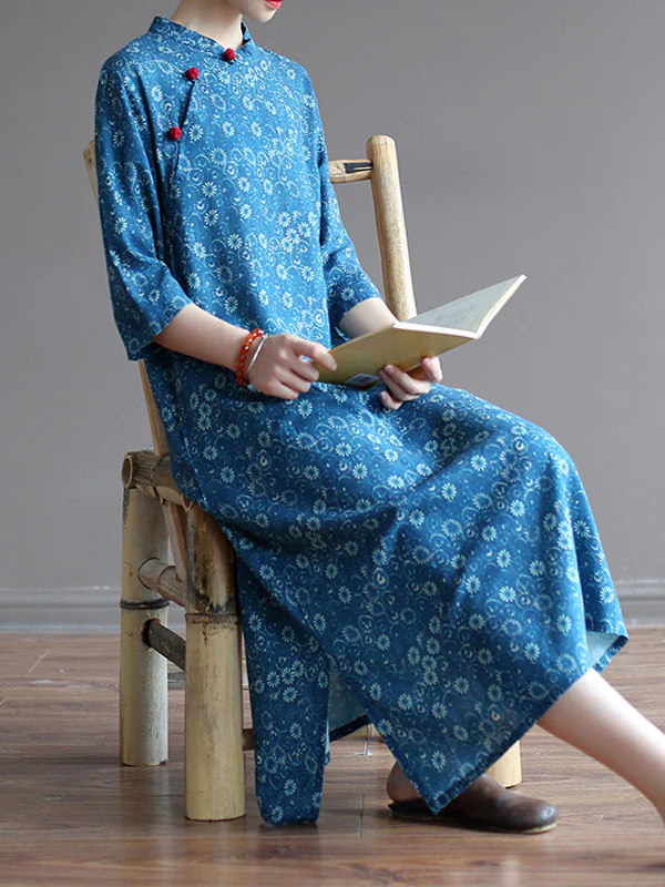Original Solid Floral Stand Collar Midi Dress - Image 2