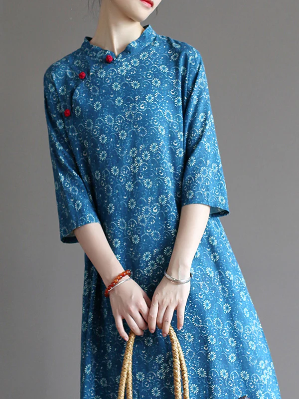 Original Solid Floral Stand Collar Midi Dress - Image 3