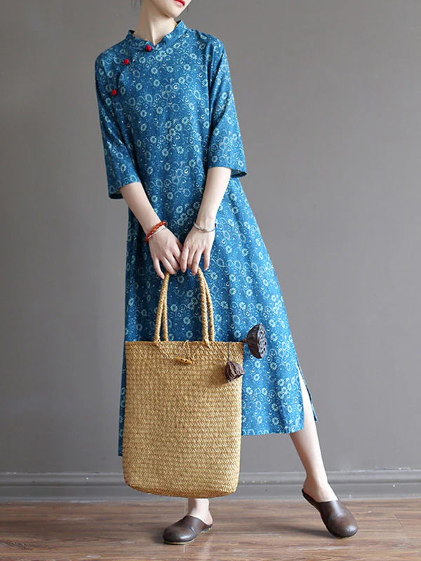 Original Solid Floral Stand Collar Midi Dress - Image 4
