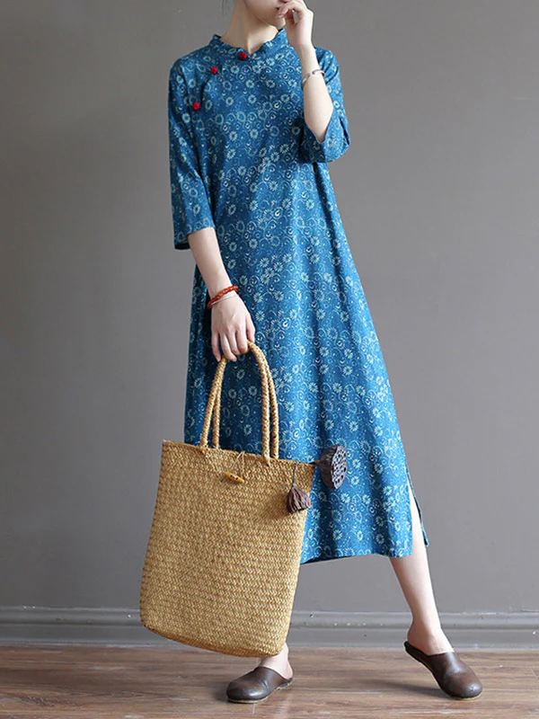 Original Solid Floral Stand Collar Midi Dress - Image 5